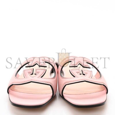GUCCI COSMOS SOFTY CALFSKIN INTERLOCKING G CUT OUT SLIDE SANDALS CANDY COTTON 